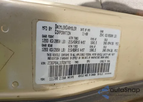 2001 Chrysler Town & Country Limited from USA, damaged, VIN 2C8GP64L31R207781